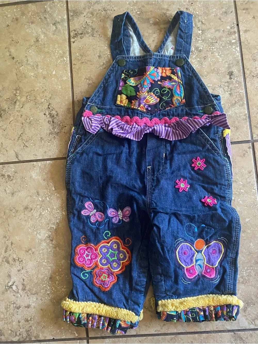 Oshkosh Y2K Denim 12mo Baby Cottagecore Patchwork Butterfly Embroidery Overalls